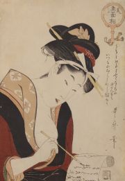 Kitagawa Utamaro (1753-1806), Kobieta pisząca list z serii: Pięć wizerunków pięknych kobiet, 1803-1804, drzeworyt barwny na papierze, ze zbiorów Muzeum Narodowego w Krakowie.
