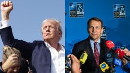 Left: Republican presidential candidate former President Donald Trump rushed offstage during a rally following an assassination attempt. July 13, 2024. Right: Polish Minister of Foreign Affairs Radosław Sikorski speaking to the media at a NATO summit in Washington, July 10, 2024. Photos: Anna Moneymaker/Getty Images; PAP/Radek Pietruszka