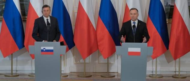 Prezydent Andrzej Duda i prezydent Słowenii Borut Pahor podczas konferencji prasowej po spotkaniu w Belwederze w Warszawie (fot.PAP/Mateusz Marek)
