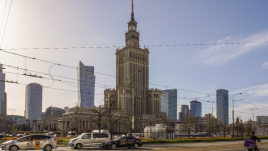 Taxi cars are seen in front of the Palace of Culture and Science in Warsaw, Poland, on March 30, 2024. Photo” Michal Fludra/NurPhoto via Getty Images