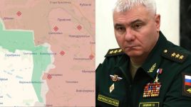 Gennady Anashkin (R) was dismissed after his superiors wished to be taken to the village of Bilohorivka (center of the map), which according to his reports had already been captured along with Serebrianka, Hryhorivka (to the west) and Verkhniokamianske (to the south). Photos: kremlin.ru via Wikimedia Commons; screen grab from deepstatemap.live