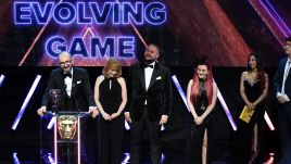 LONDON, ENGLAND - APRIL 11: Maciej Włodarkiewicz accepts the Evolving Game Award for 'Cyberpunk 2077' during the BAFTA Games Awards 2024 at the Queen Elizabeth Hall on April 11, 2024 in London, England. (Photo by Stuart Wilson/BAFTA/Getty Images for BAFTA)