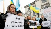 A protest of Crimean Tatars and their supporters in front of the Russian embassy in Kyiv, December 10, 2015, demanding a stop to political repressions organized by Russia against the Tatars in the annexed Crimea. Photo: NurPhoto/NurPhoto via Getty Images