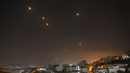 Many rockets, fired from Iran, are seen over Jerusalem from Hebron, West Bank on October 01, 2024. The Israeli army announced that missiles were fired from Iran towards Israel and sirens were heard across the country, especially in Tel Aviv. (Photo by Wisam Hashlamoun/Anadolu via Getty Images)