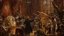 Russian Tsar Vasily IV Shuysky kneels before the Polish King Sigismund III Vasa. Photo: Jan Matejko/ Wikimedia Commons.