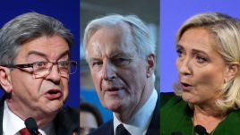 Prime Minister Michel Barnier (C) is under attack by both the far left, led by Jean-Luc Mélenchon (L) and Marine Le Pen’s (R) far-right. Photos: Chesnot/Getty Images; Remon Haazen via Getty Images; Horacio Villalobos#Corbis/Getty Images 