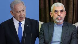 Benjamin Netanyahu (L) and Yahya Sinwar (R). Photos by Sean Gallup, Ali Jadallah/Anadolu Agency via Getty Images