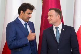 Andrzej Duda (R) and Sheikh Tamim bin Hamad Al Thani (L) will meet for face-to-face talks at the Presidential Palace in Warsaw during an official visit by the Qatari head of state. (Photo by Mateusz Wlodarczyk/NurPhoto via Getty Images)