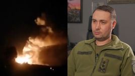 Left: purported image of the munitions depot in Soldatskoe exploding. Right: Kyrylo Budanov, head of Ukraine’s military intelligence. Photos: screen grab from X; Yevheniy Shynkar, Voice of America, via Wikimedia Commons 