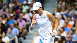 Świątek took the momentum into the second set, where she dropped only three of her first-serve points and put up just one unforced error, as the Russian’s firepower began to cool. Photo by Robert Prange/Getty Images