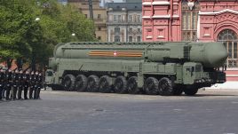 Russian RS-24 Yars nuclear missile complex showcased during the main rehearsals of the military parade, in the Red Square on May 5, 2024. Photo: Contributor/Getty Images