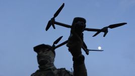 A Ukrainian soldier holding an FPV drone in  Kharkiv Oblast. Photo: Oleksandr Magula/Suspilne Ukraine/JSC "UA:PBC"/Global Images Ukraine via Getty Images