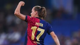  Ewa Pajor of FC Barcelona celebrates after scoring goal. Photo by Eric Alonso/Getty Images