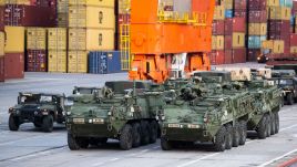 US military gear - Humvees and Strykers - queue at the Baltic Container Terminal in Gdynia, February 2022. Photo: Mateusz Slodkowski/SOPA Images/LightRocket via Getty Images