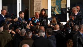 Leader of the center-right GERB party Boyko Borissov speaks to the media after casting his vote at a polling station Photo by STR/NurPhoto via Getty Images