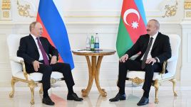 Azerbaijani President Ilham Aliyev (R) meets with Russian President Vladimir Putin (L) in Baku, Azerbaijan on August 19, 2024. Photo by Azerbaijani Presidency via Getty Images 