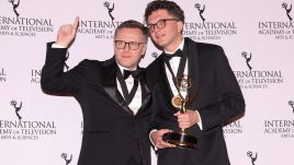 Polish director Jakub Piątek (R) and Polish producer Maciej Kubicki (L) hold their award for Arts Programming for "Pianoforte." Photo: PAP/EPA/SARAH YENESEL