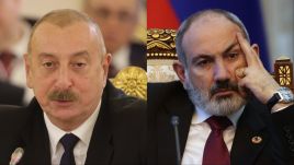 Azerbaijan's President Ilham Aliyev (L)  Armenian Prime Minister Nikol Pashinyan (R)  Photo by Contributor/Getty Images 