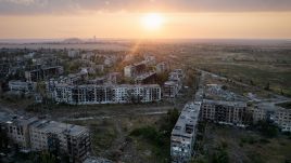 Drone view of the bombed-out town of Vuhledar. Photo by Gaelle Girbes/Getty Images