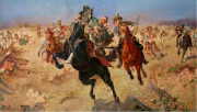 Pułaski receives his fatal wound as he led a cavalry charge at the Battle of Savannah. A 1933 painting by Stanisław Kaczor-Batowski. Photo: senat.gov.pl via Wikimedia Commons