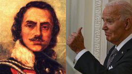 Kazimierz Pułaski (Casimir Pulaski), Polish and American revolutionary hero (L) and U.S. President Joe Biden (R). Photos: Wikimedia Commons;  Celal Gunes/Anadolu via Getty Images