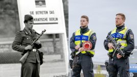 Left: East German border guard at the sector border during the construction of the Berlin Wall at Potsdamer Platz; at the back is a sign, reading: ‘You are entering the Democratic Berlin’. Right: German police is seen at the German-French border on September 16, 2024 in Kehl, Germany. Photos: Alex Waidmann/ullstein bild via Getty Images; Thomas Niedermueller/Getty Images 