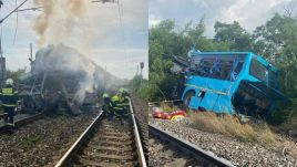 Grizzly photos show the bus ripped in half and the train engine in flames. (Photos: Polícia SR - Nitriansky kraj)