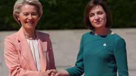 Maia Sandu (right) with Ursula von der Leyen, European Commission president. Sandu wants Moldova to join the EU. (Photo by Carl Court/Getty Images) 