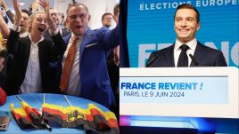 L: Tino Chrupalla and Alice Weidel, co-leaders of the far-right Alternative for Germany (AfD) political party, celebrate at the AfD election evening gathering. R: National Rally leader Jordan Bardella delivers a speech at the electoral party in Paris. Photos: Sean Gallup/Getty Images, PAP/EPA/ANDRE PAIN