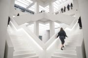 The interior wows with its white-on-white colors and striking Escher-like double stairwell. Photo: PAP/Tomasz Gzell 