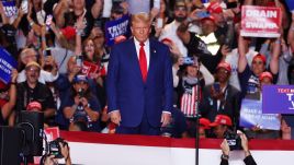 Republican presidential nominee, former U.S. President Donald Trump takes the stage during a campaign rally at Nassau Veterans Memorial Coliseum on September 18, 2024 in Uniondale, New York. Photo by Michael M. Santiago/Getty Images